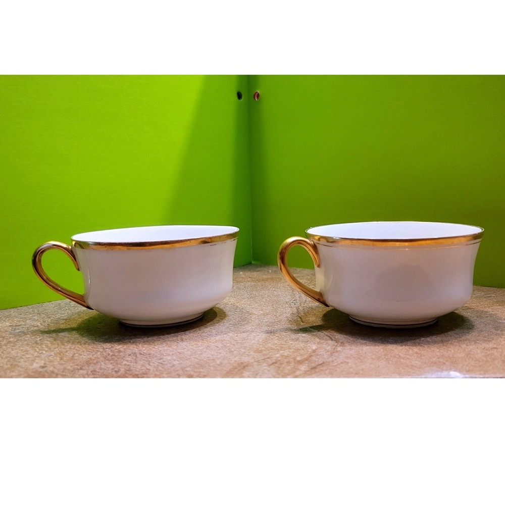 Vintage White Porcelain M Redon Limoges Teacups Gold Gilt Trim Set 2 Tea Service